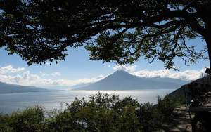 風景如畫的湖泊，遠處有山，被樹枝框住。