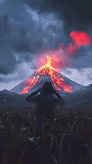 黃昏時在田野觀看火山爆發的人