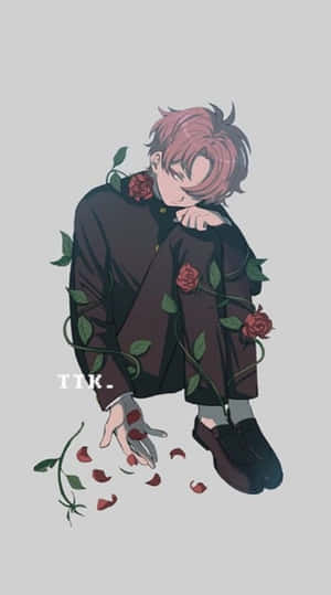 粉紅色頭髮的動漫男孩被紅玫瑰和飄落的花瓣包圍。