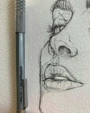 人臉鉛筆素描及其繪畫工具的近距離特寫。