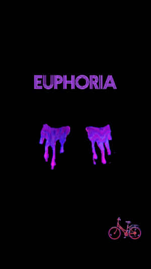 紫色霓虹文字 euphoria，帶有融化的人物和單車，黑色背景。