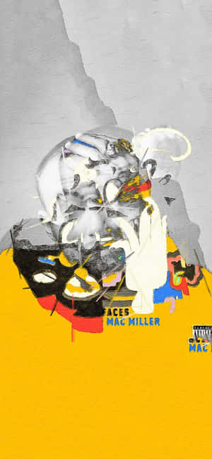 Mac Miller 臉部的抽象插圖，具有碎片化的特徵和鮮豔的色彩。