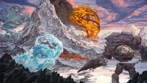 奇幻的山景，火、水、土元素在色彩繽紛的天空中旋轉。