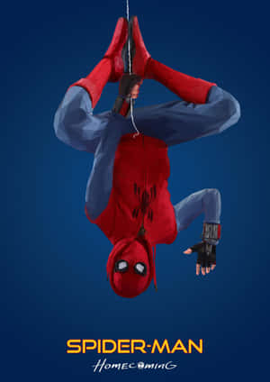 蜘蛛俠以低多邊形數碼藝術風格倒掛，帶有'Spider-Man Homecoming'文字。