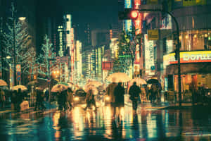 行人撐傘穿過雨夜霓虹燈下的東京街道。