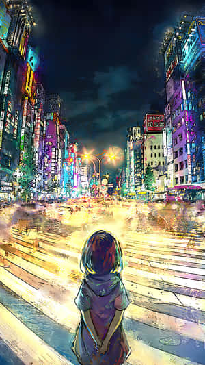 孩子站在斑馬線上，面向夜晚的霓虹城市