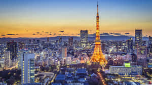 東京鐵塔在黃昏時分被城市燈光和色彩繽紛的天空照亮。 — 日落 壁紙