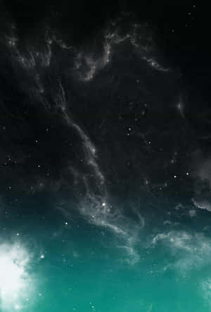 在深空中閃耀著青綠色和白色光芒並帶有星星的星雲。 — 銀河 壁紙