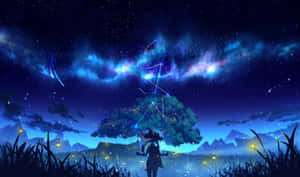一個女巫站在星空下螢火蟲田野中的發光樹下。