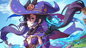 動漫女巫身穿紫色長袍在明亮天空下施展藍色魔法