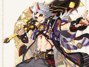 白髮紅角的動漫戰士手持金色武器。