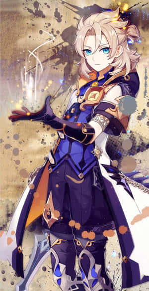 身穿藍金盔甲的動漫戰士引導發光魔法能量。