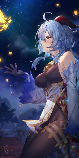 銀髮藍甲動漫女孩，星空下漂浮燈籠。