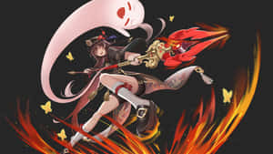 動漫女孩擺出戰鬥姿勢，手持火焰武器和幽靈，被發光的蝴蝶包圍。 — 胡桃 壁紙
