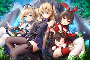 四個動漫女孩穿著幻想服裝，在魔法瀑布附近的草地上休息。