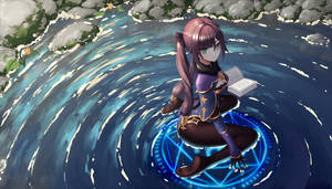 動漫女孩在流動的河流中發光的魔法陣上看書。