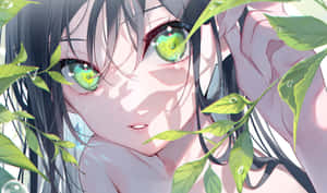 擁有綠色眼睛的動漫女孩，透過帶有露珠的綠色葉子窺視。