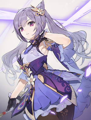 紫髮貓耳動漫少女，身穿未來風格藍紫色服裝。