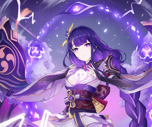 紫髮動漫女孩與發光符號引導魔法能量。