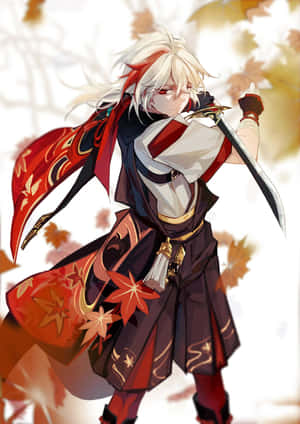 白髮紅披風的動漫武士戰士在秋葉中持劍。 — 動漫打鬥 壁紙