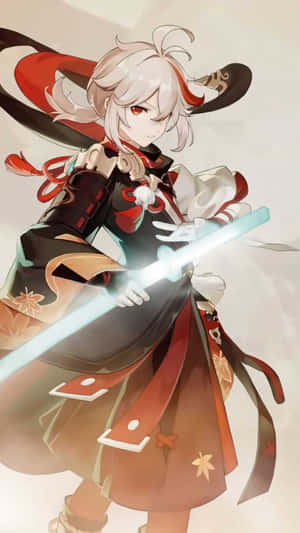 動漫戰士白髮紅眼，以動態姿勢手持發光劍。