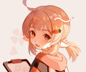 戴著胡蘿蔔髮夾的動漫女孩微笑著手持素描本。