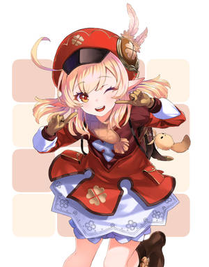 穿著紅色服裝的動漫女孩，拿著毛絨玩具眨眼並頑皮地指著。