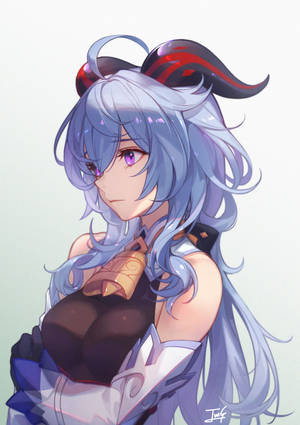 藍色頭髮和紅色角的動漫女孩，穿著幻想服裝 — 動漫女孩 壁紙