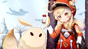 動漫女孩穿著紅色冬季裝備，在雪森林中微笑站在毛茸茸的白色生物旁邊。 — 原神 壁紙