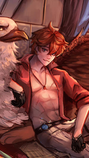 紅髮年輕動漫男子與白色小鳥在舒適的室內環境中。