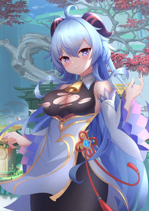 藍髮貓耳動漫少女，在櫻花盛開的日式花園中。 — Oppo Pad 4 Pro 壁紙