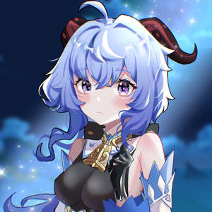 藍髮有角嘅動漫女孩，背景係星空。 — 動漫女孩 壁紙
