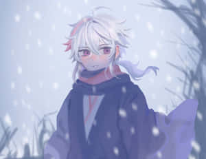 白髮粉紅眼睛的動漫角色站在飄落的雪中。 — 原神 壁紙