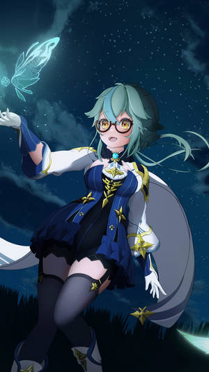 戴眼鏡的動漫女孩在星空下召喚發光蝴蝶。