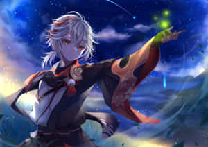 動漫角色在星空下施展綠色魔法