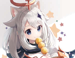 貓耳朵動漫女孩拿著餃子，周圍環繞著星星 — 可愛動漫女仔 壁紙