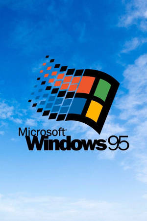 Windows 95 標誌，色彩繽紛的像素窗口設計，背景為藍天白雲。