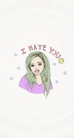 綠色頭髮的卡通女孩伸出舌頭，帶有「I HATE YOU」文字和星星。