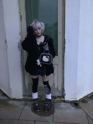 穿哥德蘿莉塔服裝的人拿著Hello Kitty手袋靠近門