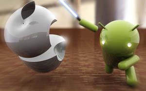 綠色Android角色手持藍色光劍面對Apple標誌。