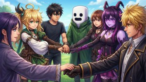 動漫角色在戶外藍天下圍成一個圈手牽手。 — Undertale 壁紙