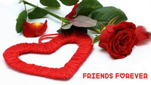 紅色毛線心形和玫瑰，帶有 'FRIENDS FOREVER' 文字。