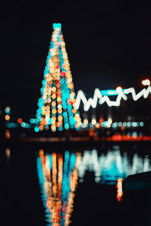 夜晚水中倒映的聖誕樹散景燈光。