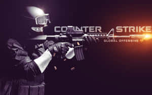 在Counter-Strike Global Offensive遊戲標誌背景下，士兵開火步槍槍口閃光。