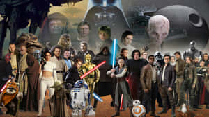 星際大戰角色，包括達斯維達、R2-D2和BB-8，在太空歌劇場景中。