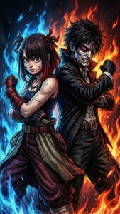 兩位動漫戰士背靠背，被藍色和橙色火焰包圍。 — Himiko toga GIF 壁紙