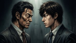 兩個帶有傷疤的西裝男人在黑暗的房間裡互相凝視。
