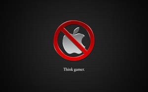 紅色禁止符號覆蓋Apple標誌，深色背景上寫有「Think gamer」