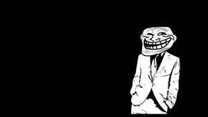 穿著西裝的 troll face 迷因角色在黑色背景上咧嘴大笑。