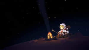 兒童太空人在星空下的營火旁烤棉花糖。